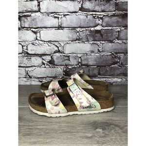 Birki's Birkenstock Pink Leather Floral Slides Sandals Women Sz 37EU/6.5M US